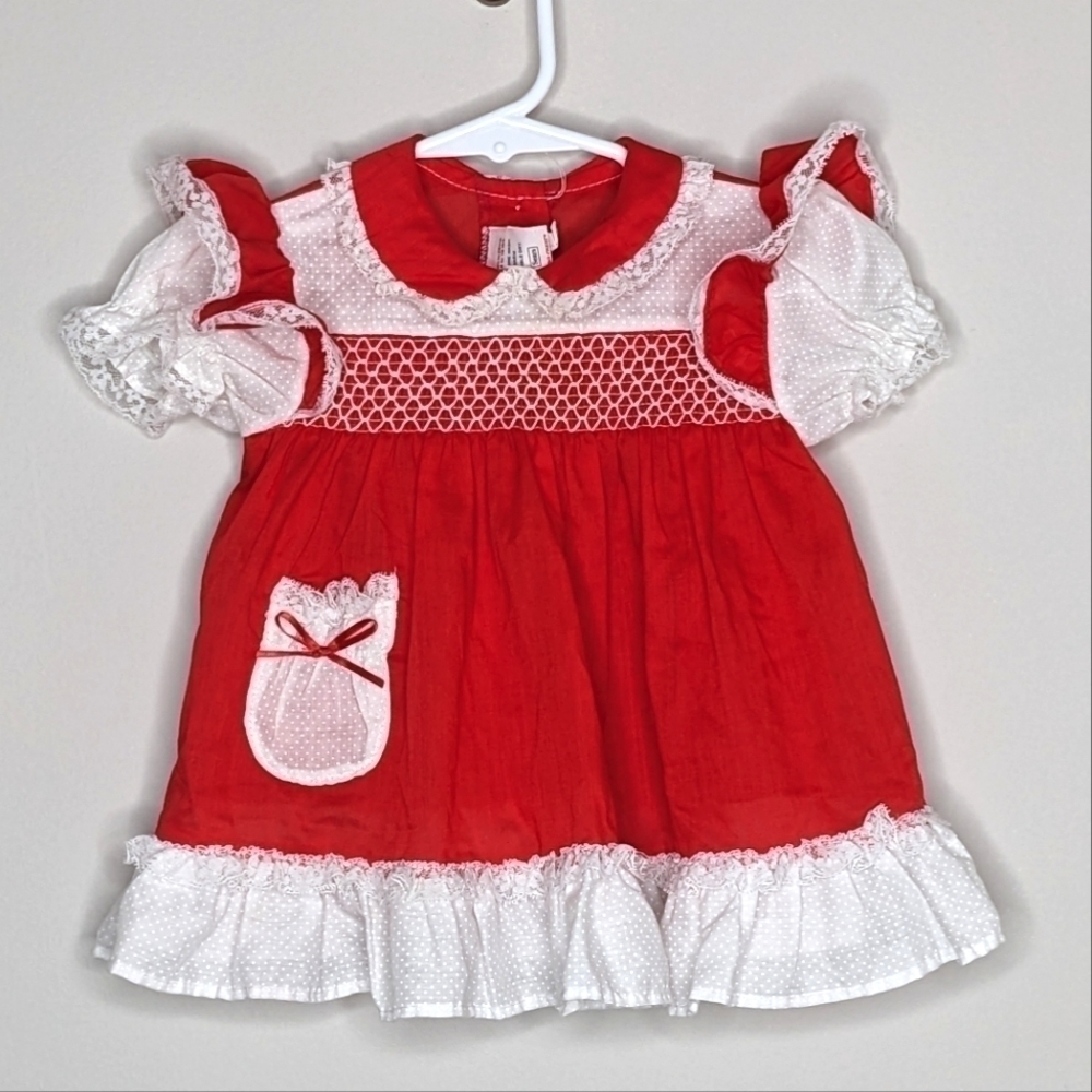Vintage Sears Red White Dress Smocking 9m